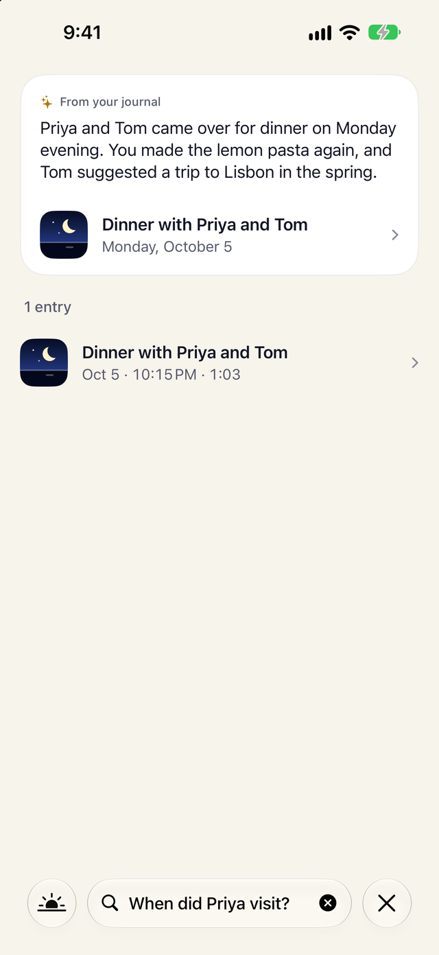 An answer about a dinner with Priya and Tom, drawn from the journal and linked to the entry it came from